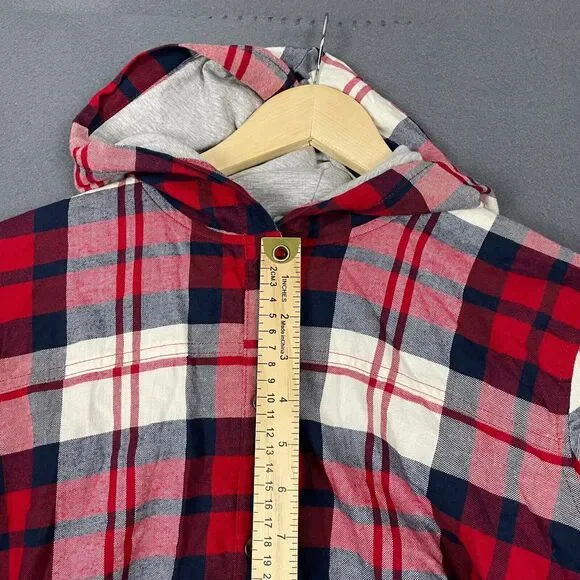 Eddie Bauer Shirt Jacket Women's XL Red Ivory Plaid Hi-Low Button Front Hooded - Picture 12 of 16